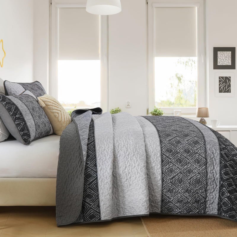 Cottolester مجموعة لحاف Cottolester Boho Set Queen 3 قطع 3 قطع مخططة مخططة طبقة من الألياف الدقيقة الناعمة مجموعة مع 2 وسادة shams 96 "" x90 "  - Image 4