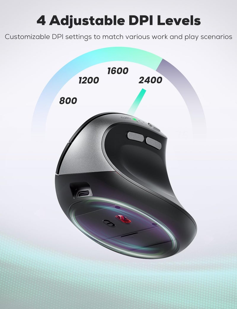Nulea MD280 Ergonomic Vertical Wireless Mouse - Bluetooth & 2.4G Dual Mode, 4 Adjustable DPI 800/1200/1600/2400, Rechargeable, Silent Clicks, No Lag, 6 Buttons - Perfect for Laptop, Desktop Black - Image 5