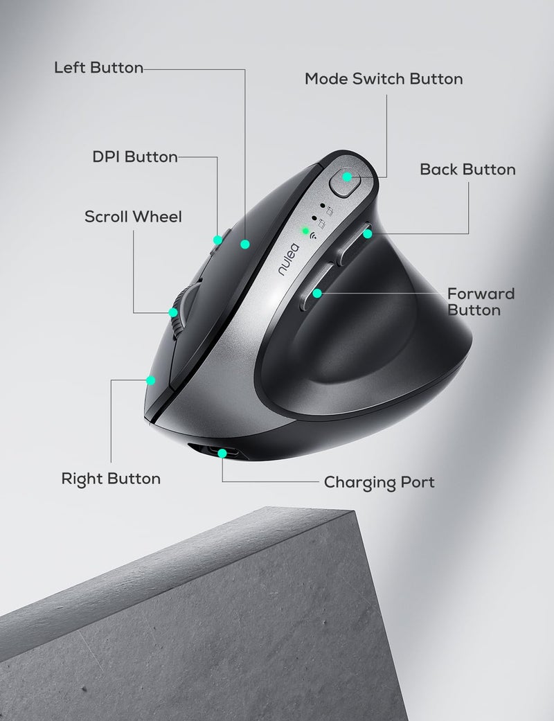 Nulea MD280 Ergonomic Vertical Wireless Mouse - Bluetooth & 2.4G Dual Mode, 4 Adjustable DPI 800/1200/1600/2400, Rechargeable, Silent Clicks, No Lag, 6 Buttons - Perfect for Laptop, Desktop Black - Image 4