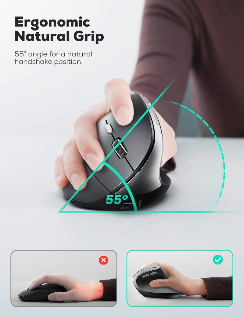 Nulea MD280 Ergonomic Vertical Wireless Mouse - Bluetooth & 2.4G Dual Mode, 4 Adjustable DPI 800/1200/1600/2400, Rechargeable, Silent Clicks, No Lag, 6 Buttons - Perfect for Laptop, Desktop Black - Image 3