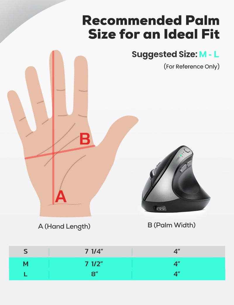 Nulea MD280 Ergonomic Vertical Wireless Mouse - Bluetooth & 2.4G Dual Mode, 4 Adjustable DPI 800/1200/1600/2400, Rechargeable, Silent Clicks, No Lag, 6 Buttons - Perfect for Laptop, Desktop Black - Image 2
