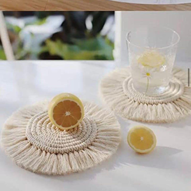TMS Cotton Boho Circle Macramã© Coaster with Fringe, Off-White, 15.24 Cm Diameter, Handcrafted, Decorative Drink Coasters, Natural Fibers, Table Decor Accessories 2 Piece (Off-White) - Image 4