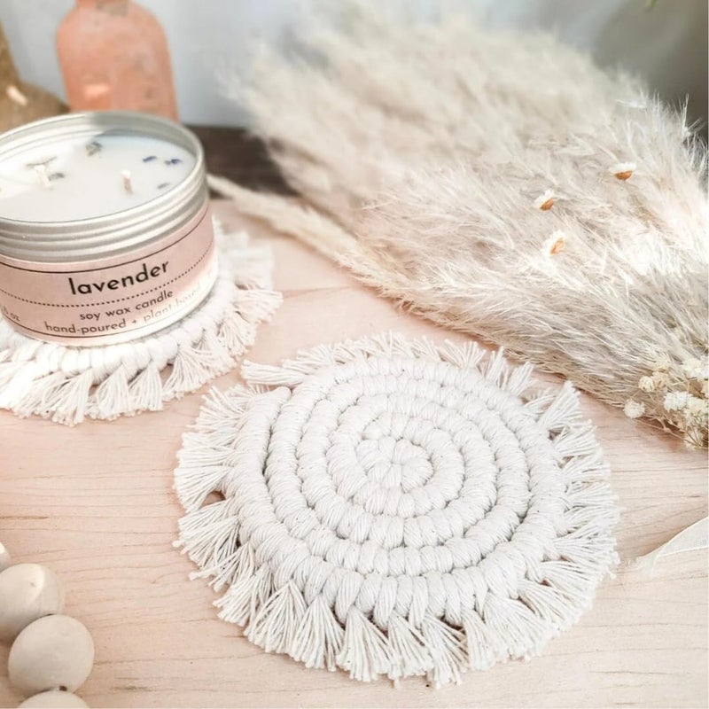 TMS Cotton Boho Circle Macramã© Coaster with Fringe, Off-White, 15.24 Cm Diameter, Handcrafted, Decorative Drink Coasters, Natural Fibers, Table Decor Accessories 2 Piece (Off-White) - Image 2
