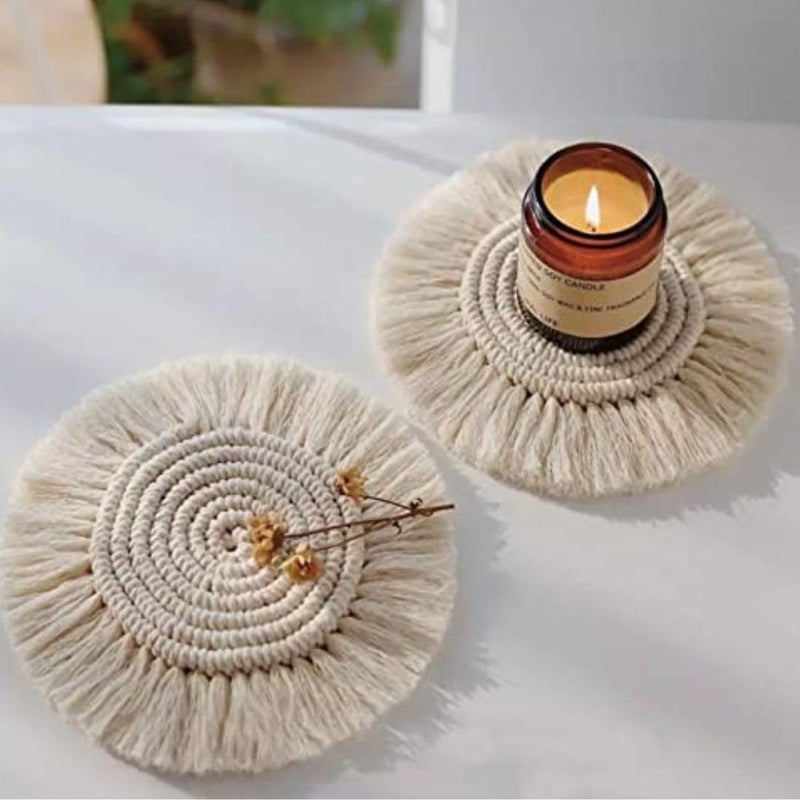 TMS Cotton Boho Circle Macramã© Coaster with Fringe, Off-White, 15.24 Cm Diameter, Handcrafted, Decorative Drink Coasters, Natural Fibers, Table Decor Accessories 2 Piece (Off-White) - Image 1