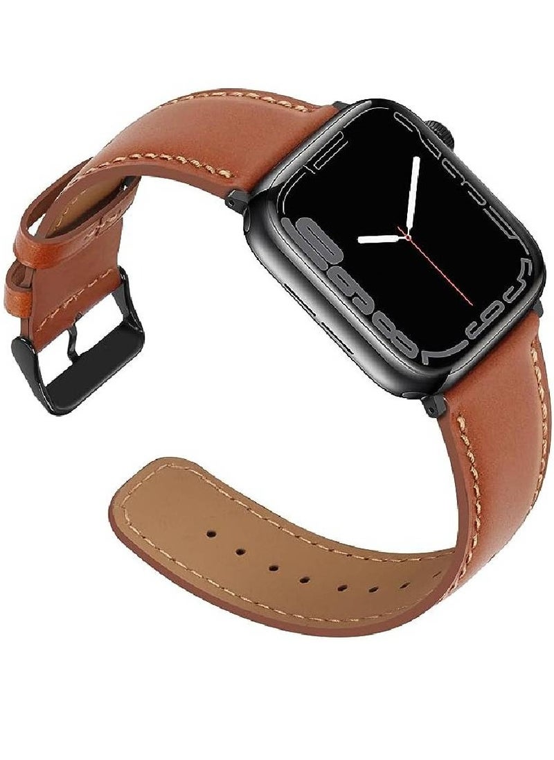 Perfii - Replacement Premium Leather Strap Compatible With Apple Watch Band 41mm 40mm 38mm Brown - Image 1