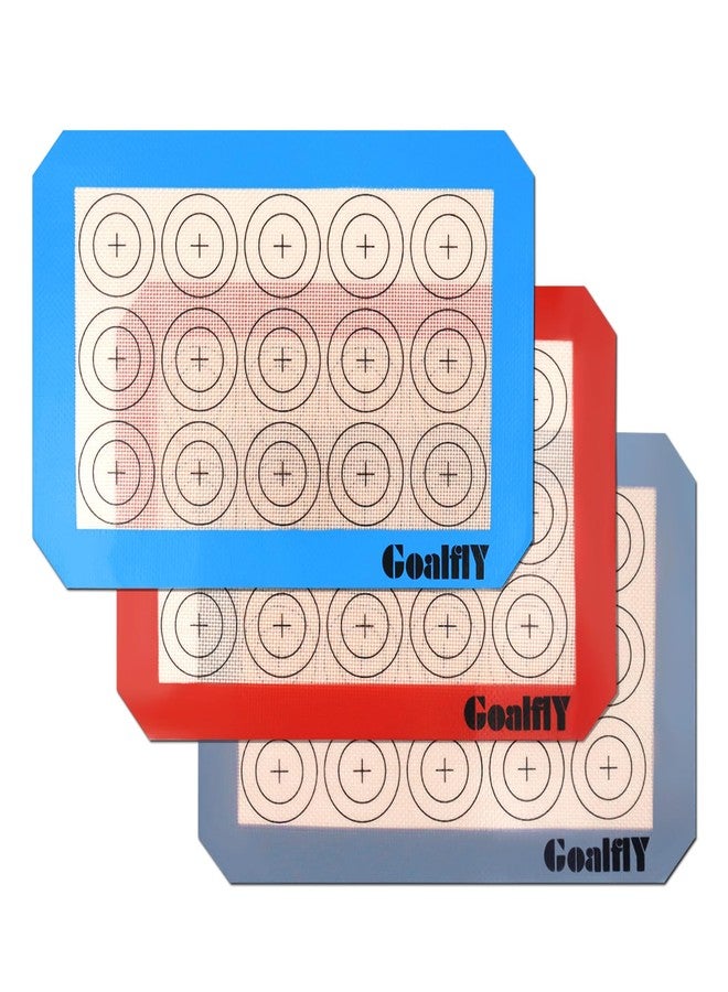 Goalfly Small Macaron Silicone Baking Mat, 3 Pack Quarter Sheet Baking Mats (11.8 x 8.5 IN), Silicone Baking Sheet for Macarons, Cookies, Pastry, Pizza (Red, Blue, Grey) - Image 1
