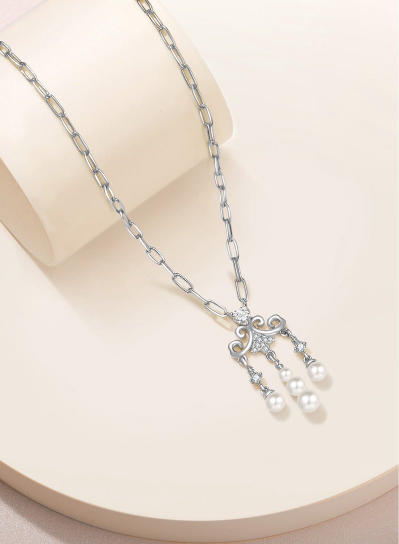 Moonmory Paper Clip Chain 925 Silver Islamic Irregular Vine Tassel Pendant Necklace For Women, Original Design Pearl Heart Necklace With 50CM Adjustable PaperClip Chain, Ramadan, Mother's Day, Valentine's Day, Birthday Gift - Image 3