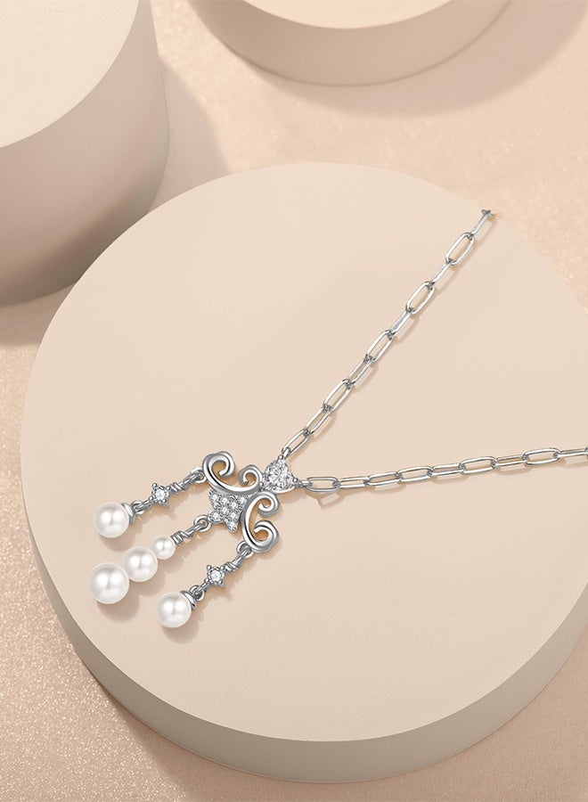 Moonmory Paper Clip Chain 925 Silver Islamic Irregular Vine Tassel Pendant Necklace For Women, Original Design Pearl Heart Necklace With 50CM Adjustable PaperClip Chain, Ramadan, Mother's Day, Valentine's Day, Birthday Gift - Image 4
