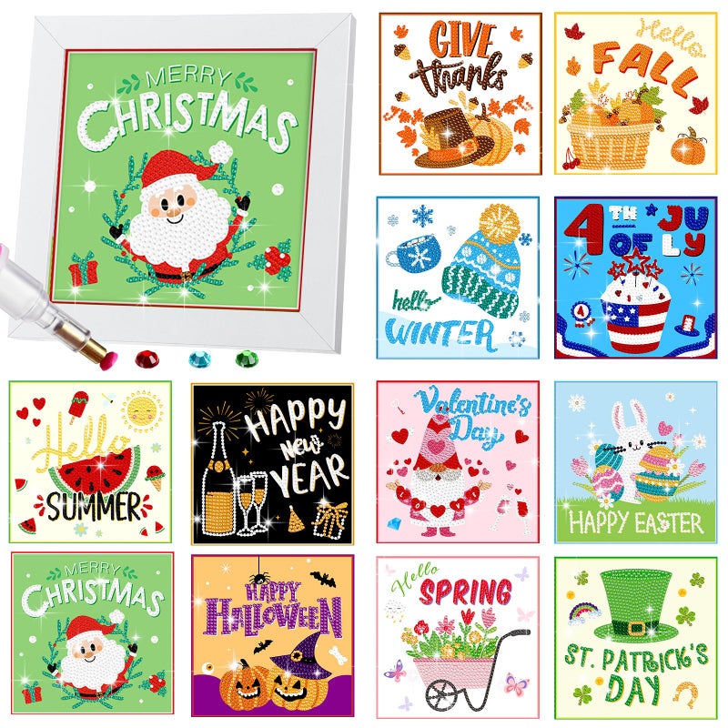 Trandraft 13 Pcs Interchangeable Seasonal Diamond Painting Kits For Adults Monthly 5D Diamond Art Calendar Kits With Frame For Christmas Thanksgiving Winter Holiday Decor Gift(Cartoon Style) - Image 1