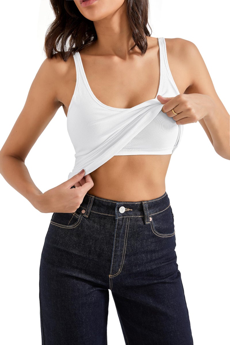 SUUKSESS Women Cotton Ribbed Tank Tops with Built in Bra Summer Going Out Sleeveless Basic Camisole Tops (Snow White, XS) - Image 2