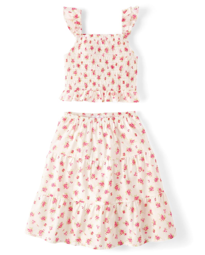 The Children's Place girls Smocked Top and Skirt 2 Piece Set, Simply White, 14