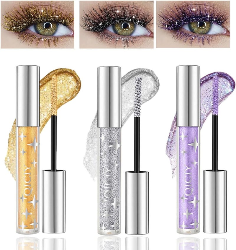 3 Colors Glitter MascaraLengthening Curling Volume Mascara EyeshadowSparkling SilverGoldPurple Diamond MascaraWaterproof Colorful Lashes for Eyelashes Party Festive Days Stage Use
