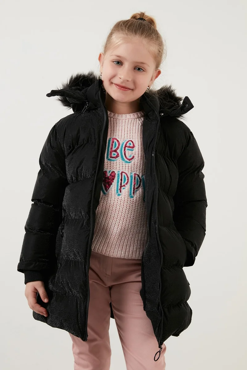 ليلا Collar Faux Fur Plush Lined Removable Hooded Slim Cut Winter Coat Girls' COAT 5760002