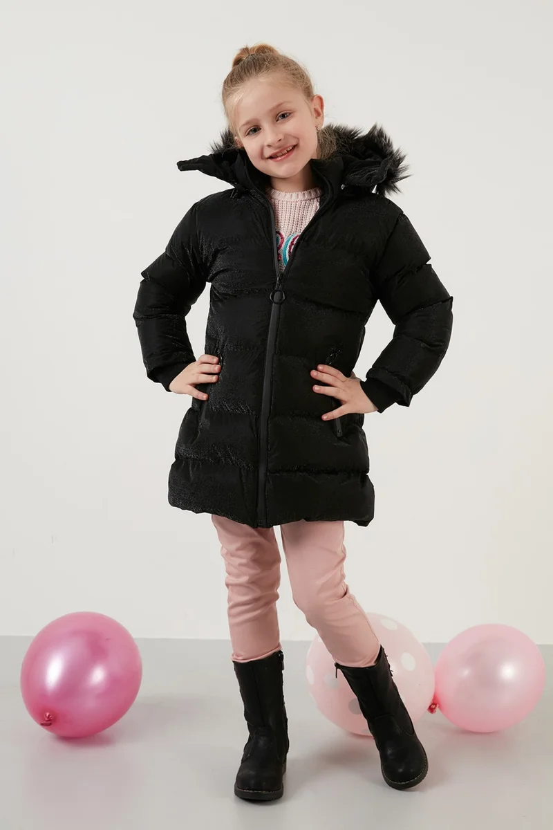 ليلا Collar Faux Fur Plush Lined Removable Hooded Slim Cut Winter Coat Girls' COAT 5760002