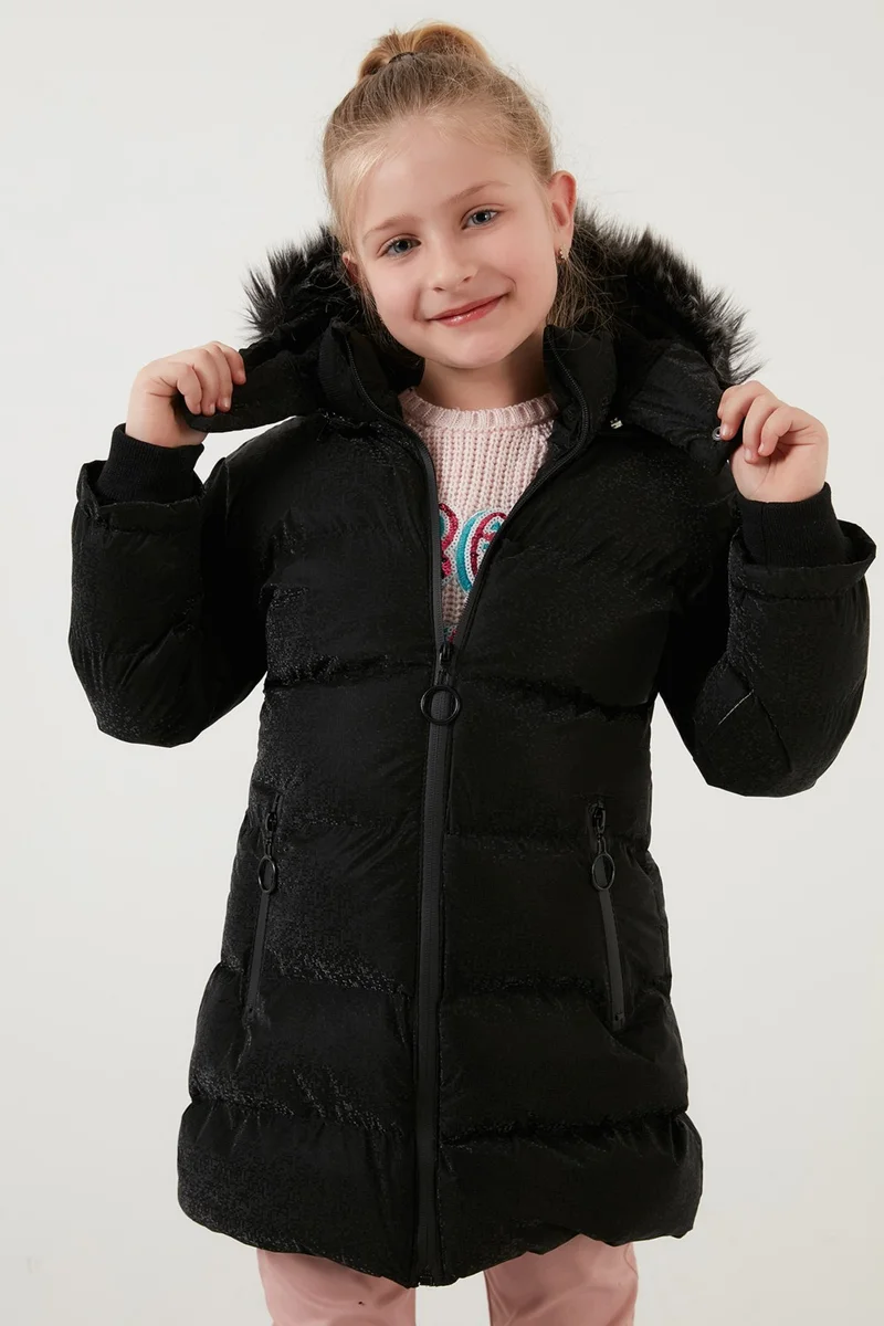 ليلا Collar Faux Fur Plush Lined Removable Hooded Slim Cut Winter Coat Girls' COAT 5760002