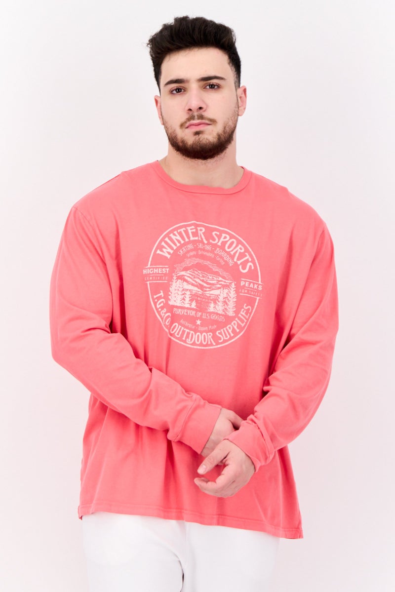 TRUE GRIT Men Crew Neck Long Sleeves Graphic Printed T-Shirt, Pink - Image 1