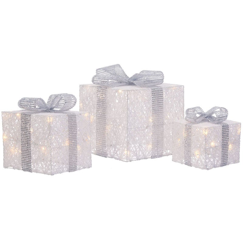 WeRChristmas Set of 3 PreLit Gift Box Christmas Tree Decoration White 25 cm WRC10155