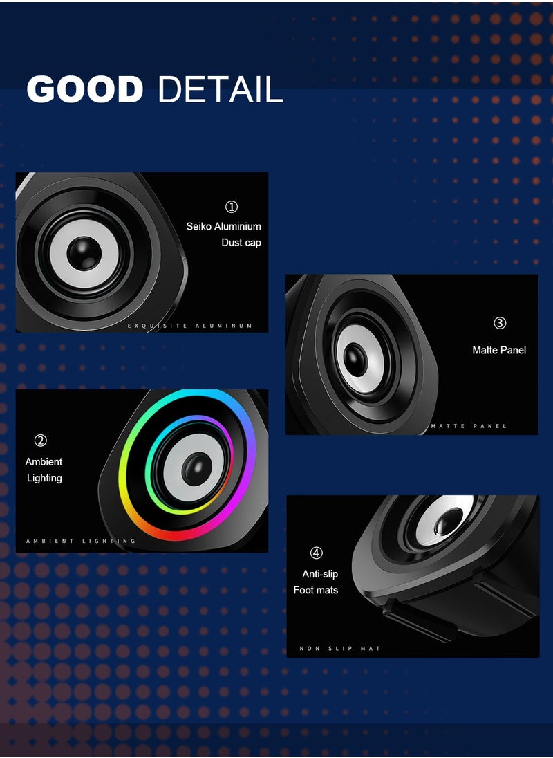 Computer Speakers,Wired USB Powered Stereo Mini PC Speaker with RGB Lights 3.5mm Aux Input for Phone Tablets Desktop Laptop