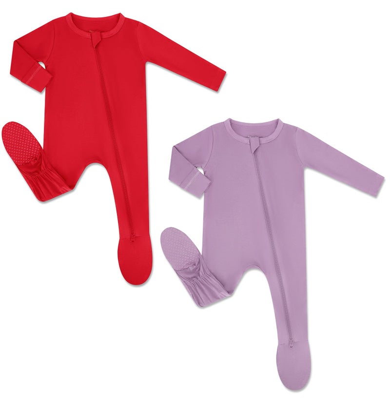 HAPIU Rayon from Bamboo Baby Footed Pajamas, 2 Way Zipper YKK, Footie for Baby Boy Girls, Newborn-24 Months, 2-Pack, Molten Lava & Tulipwood, 3-6 Months - Image 1