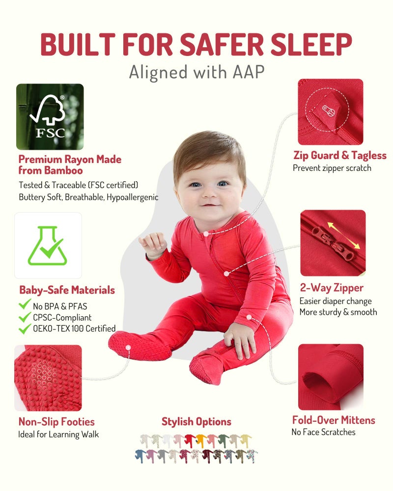 HAPIU Rayon from Bamboo Baby Footed Pajamas, 2 Way Zipper YKK, Footie for Baby Boy Girls, Newborn-24 Months, 2-Pack, Molten Lava & Tulipwood, 3-6 Months - Image 2