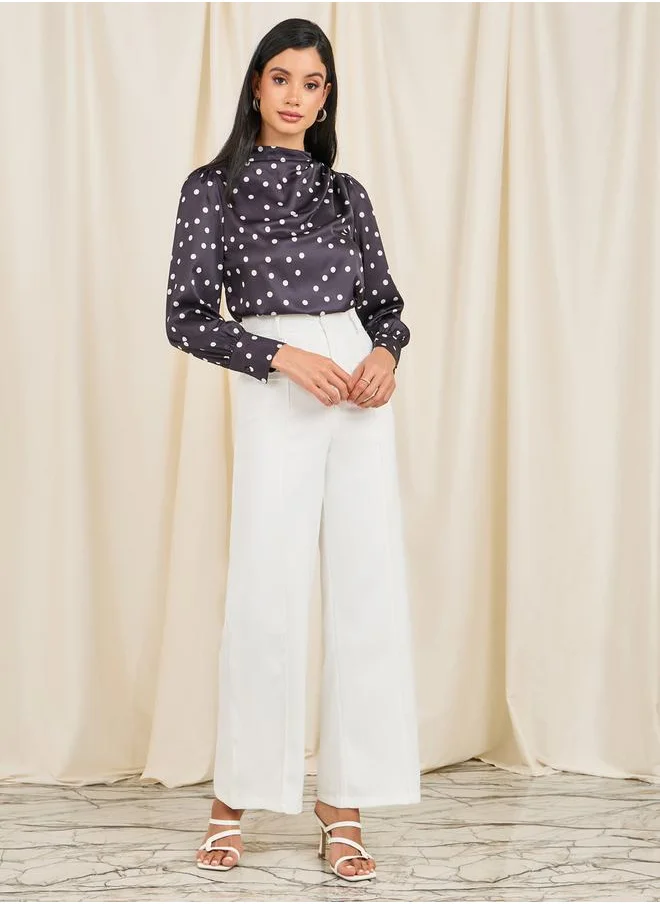 Styli Polka Dot Print Pleated Shoulder Button Closure Neck Top