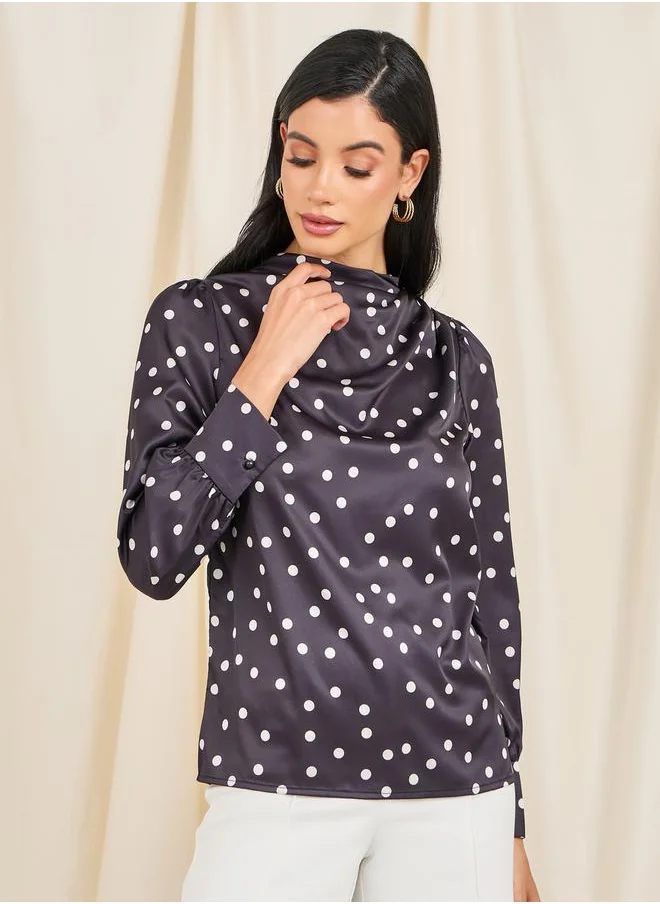 Styli Polka Dot Print Pleated Shoulder Button Closure Neck Top