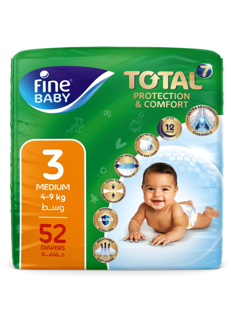 Fine Baby Total 7 Diapers, Size 3 Medium (4–9 kg), 52 Count. Superior Protection & Comfort, Extra Absorbent, Improved Formula - Image 1