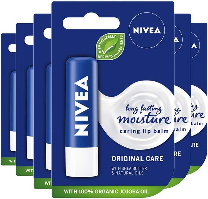NIVEA Lip Balm Original Care Pack of 6 6 x 48g Protective Lip Moisturiser with Shea Butter and Natural Oils Caring Lip Balm for 24h Moisture Care Lip Care with MeltIn Formula