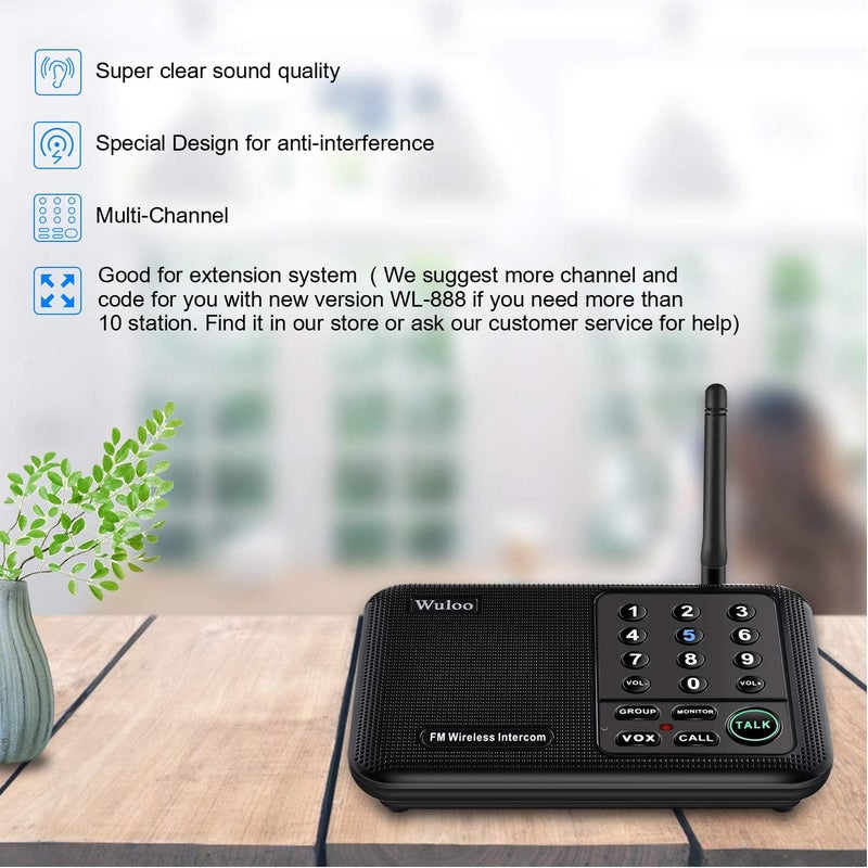 Wuloo Intercoms Wireless for Home 1 Mile (5280 Feet) Range 10 - Channel, Wireless Home Intercom System for House Business Office, Room to Room Intercom, Home Communication System (2 Packs, Black) - Image 2