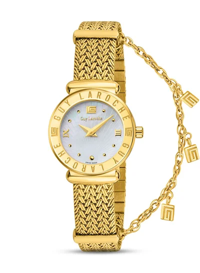 Guy Laroche Betty 25mm Ladies Swiss Quartz Watch with White Mother-of-Pearl Dial, Ion-Plated Gold Case, Gold-Plated Mesh Bracelet & Sapphire Glass