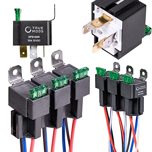 True MODS 6 Pack 4Pin 12V Bosch Style Fused Relay Switch Kit Interlocking Harness Socket Holder 14 AWG Hot Wires SPST 30 Amp 12 Volt Automotive relays with Fuse for Auto Cars