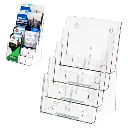 Argvey Acrylic Brochure Holder 85 x 11 inches 4 Tier Clear Brochure Display Stand with Removable Divider for Trifold 4 Inches Wide Pamphlet Plastic Flyer Holder for Magazine Literature Booklet