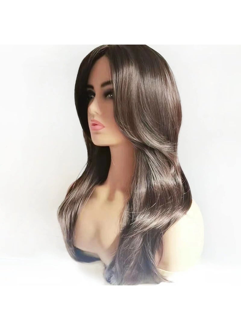 Auflaund - Auflaund Brown Wigs for Women Long Dark Brown Natural Fluffy Straight Heat Fine Synthetic Wig with Wig Cap with Long Bangs - Image 1
