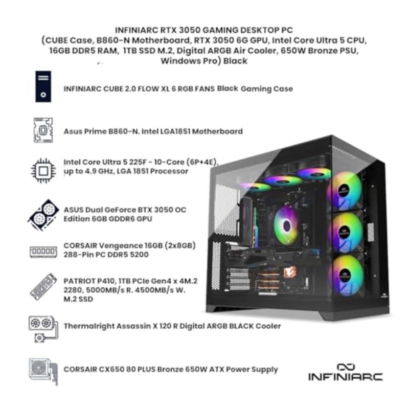 كمبيوتر مكتبي للألعاب مزود بوحدة معالجة رسومات RTX 3050، ووحدة معالجة مركزية Intel Ultra 5، وذاكرة وصول عشوائي DDR5 بسعة 16 جيجابايت، ومحرك أقراص SSD سعة 1 تيرابايت M.2، وحقيبة مكعبة سوداء، ومبرد هواء ARGB، ووحدة PSU برونزية بقدرة 650 وات، ونظام التشغيل Windows Pro - Image 3