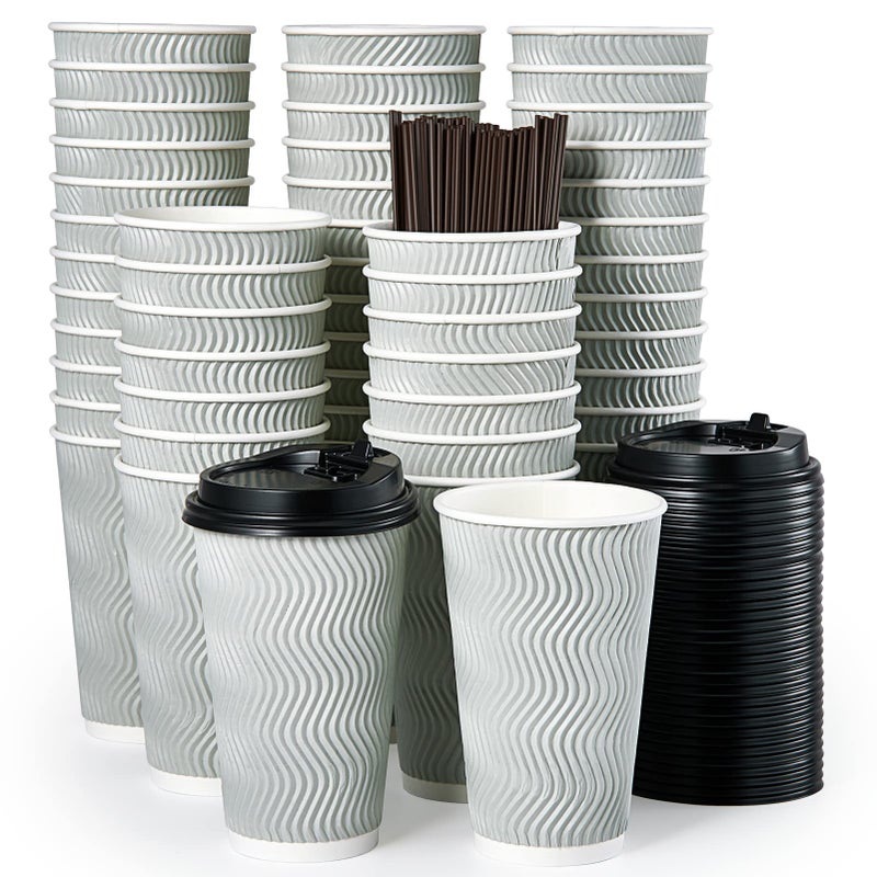 MUCHII 16 oz Disposable Coffee Cups 80 Count Silver Grey Insulated Ripple To Go Cups With Lids and Straws for Tea Hot Chocolate and Drinks