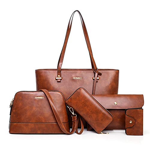 AlwaySky Handbag Set for Women 5 Pack Tote Purse Handbags Set PU Leather Satchel Shoulder Crossbody Wallet Card Holder Bag Set, Brown - Image 1