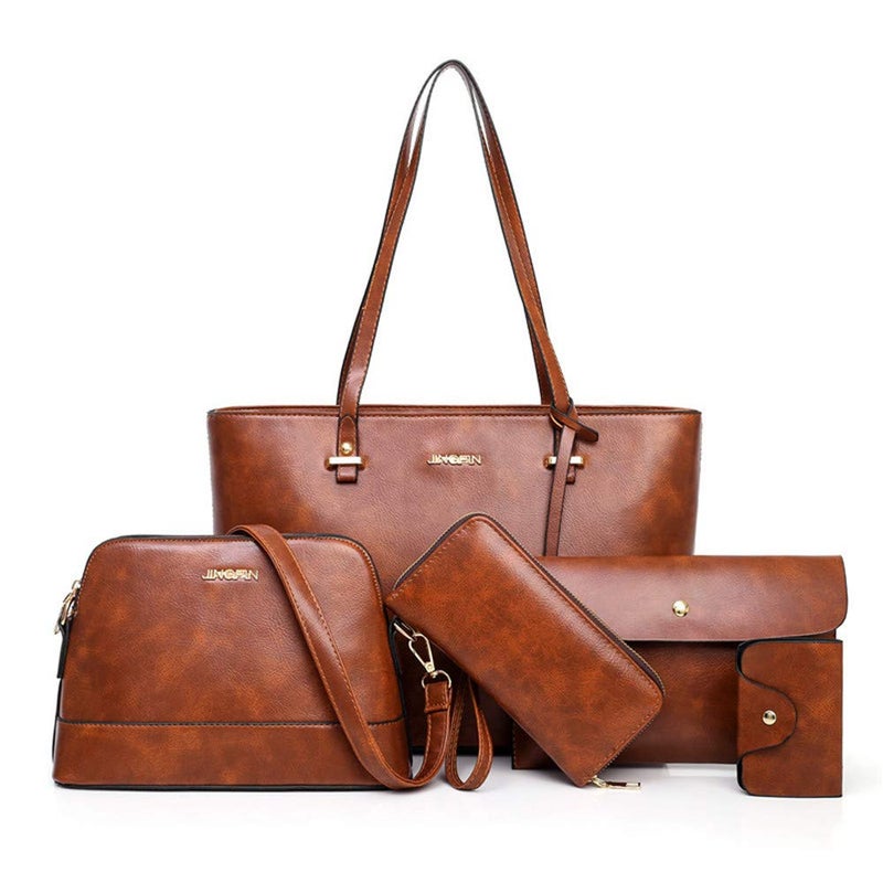 AlwaySky Handbag Set for Women 5 Pack Tote Purse Handbags Set PU Leather Satchel Shoulder Crossbody Wallet Card Holder Bag Set, Brown - Image 2