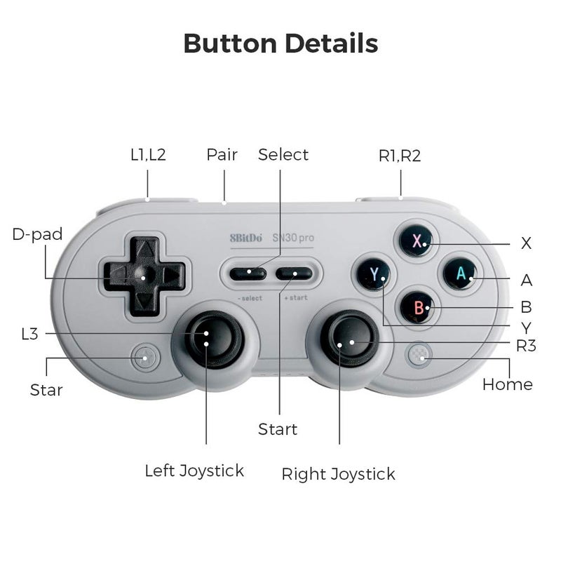 8Bitdo وحدة تحكم بلوتوث 8Bitdo SN30 Pro، تحديث عصا التحكم بتأثير هول، متوافقة مع سويتش، بي سي، ماك أو إس، أندرويد، ستيم ديك وراسبيري باي (رمادي) - Image 5