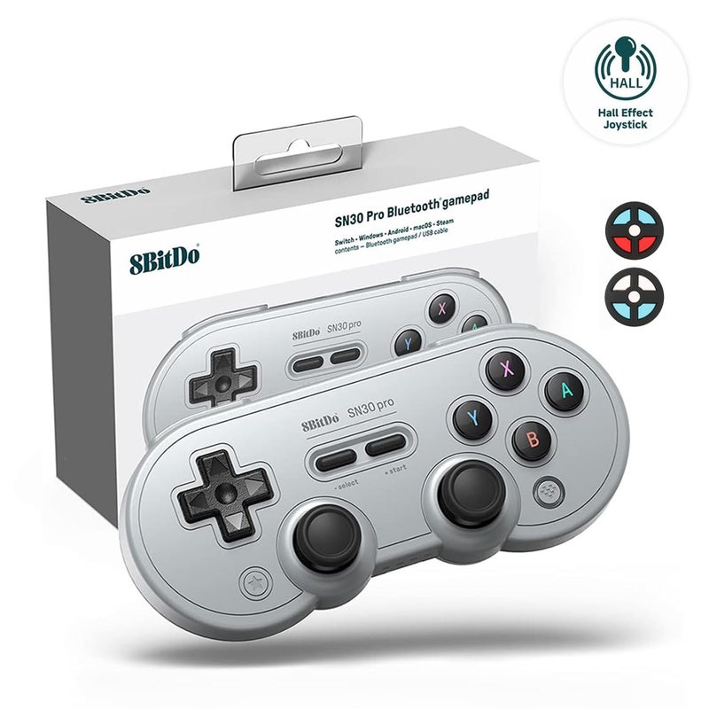 8Bitdo وحدة تحكم بلوتوث 8Bitdo SN30 Pro، تحديث عصا التحكم بتأثير هول، متوافقة مع سويتش، بي سي، ماك أو إس، أندرويد، ستيم ديك وراسبيري باي (رمادي) - Image 1