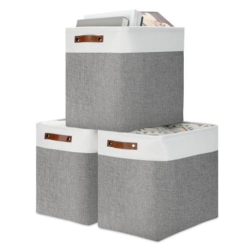 DULLEMELO Storage Baskets 17 inch Large Basket for Blanket Living Room Foldable Storage Bins Baskets for Organizing 3 Pack Blanket Storage Baskets Organizer for HomeOfficeClosetWhiteGrey - Image 1