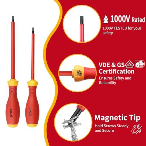 XOOL 1000V Insulated Electrician Screwdriver Set, 8-Piece with Magnetic Tips, Non-Slip Handle, Slotted & Phillips, Chrome Vanadium Steel, VDE & GS Certified for Safe Electrical Work - Image 2