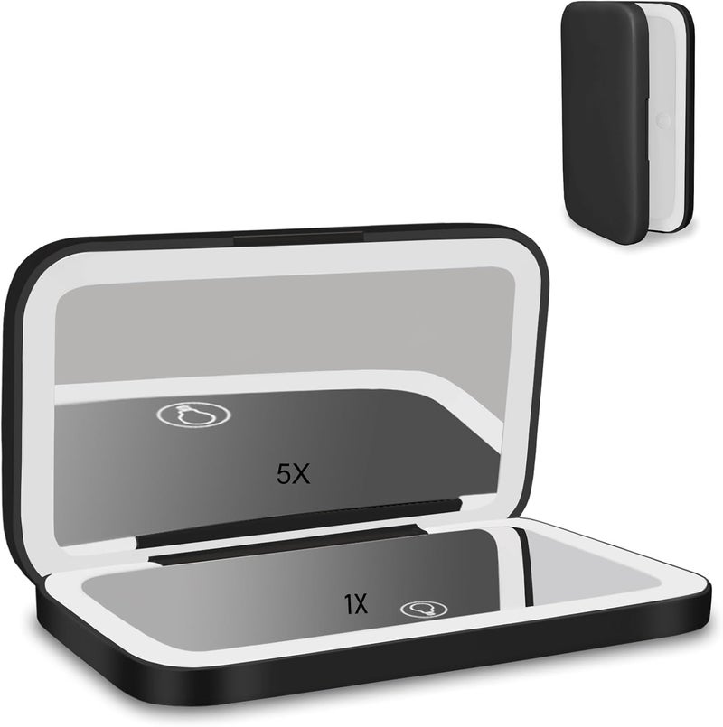 KASTWAVE LED Magnifying Travel Makeup Mirror, 5X Magnification Travel Makeup Mirror, Dimmable Pocket Mirror, Double Sided USB Rechargeable Touch Screen Mirror, Portable Tabletop Cosmetic, Black - Image 1