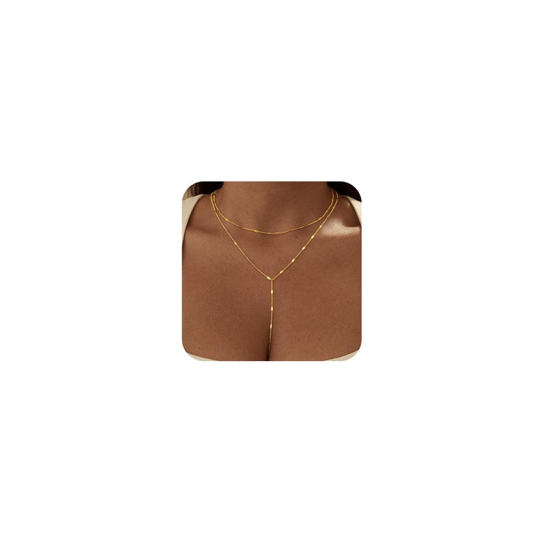 Hergory Lariat Gold Necklace for Women Trendy, Dainty 14k Gold Plated Layered Y Shaped Pendant Flat Chain Drop Long Necklaces Simple Jewelry for Women Gift - Image 1