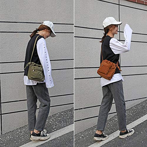 Barsine Women Small Canvas Purse Crossbody Bag Ladies Cute Little Drawstring Bucket Boho Purses, Brown - Image 2