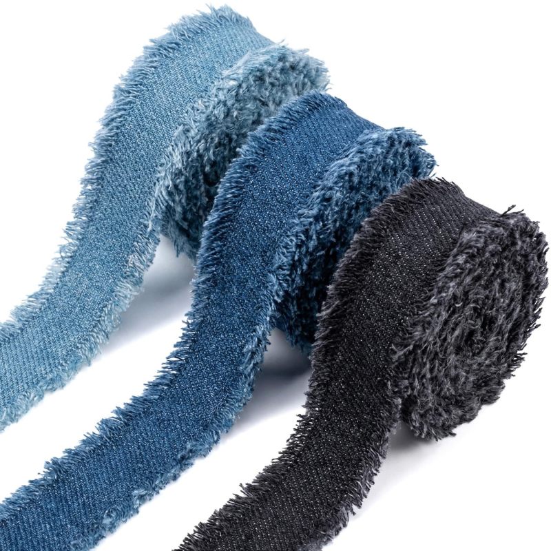 Light Blue Denim Ribbon With Fringe - Soft Polyester Fabric Trim For Rustic Crafts - Frayed Edge Ribbon For Wedding Decor - Image 1