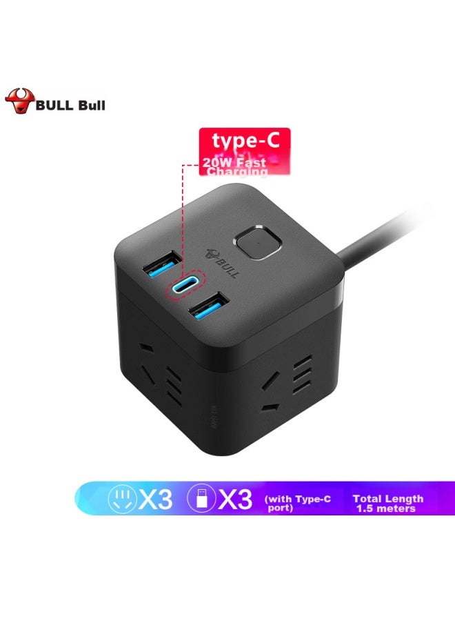 Bull 20w Pd Apple Fast Charging Cube Power Strip/extension Cord/power Bar/power Strip, Type-c+usb+3 Outlets, 1.5 Meters Long, Black, Gnv-uu2203h With Master Switch - Image 5
