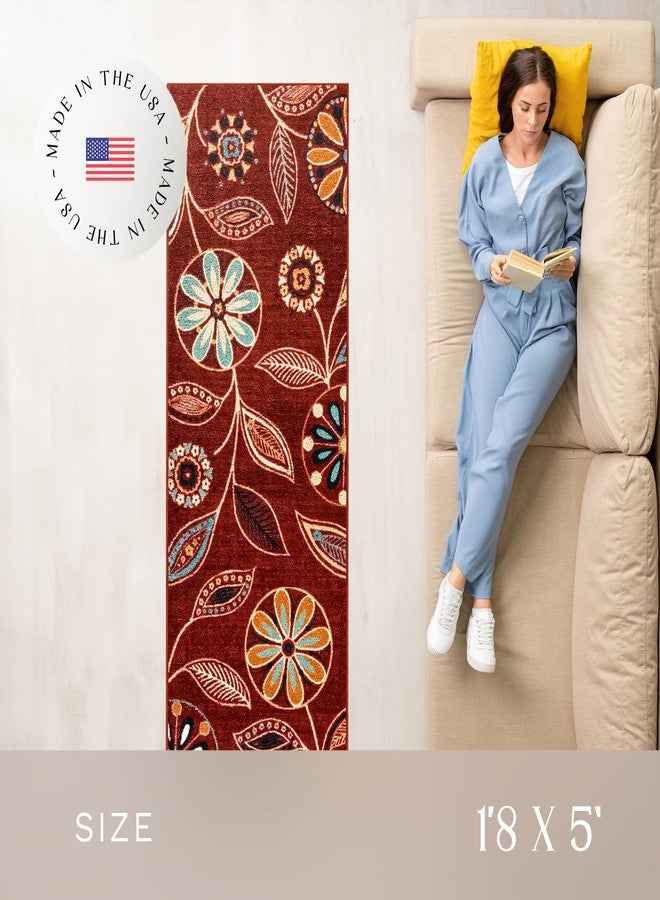 Maples Rugs Reggie Floral Runner Rug - Made in USA - Washable, Non Slip Indoor Carpet for Kitchen, Hallway, and Laundry Room, 1'8 x 5, Merlot - Image 3