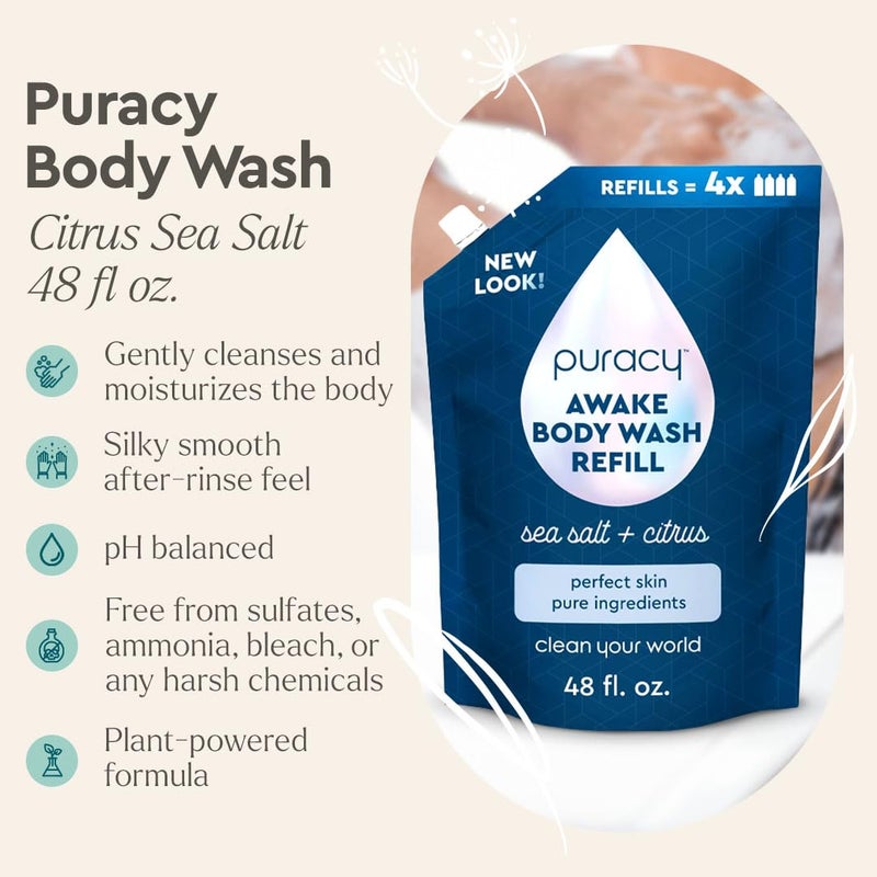 Puracy Body Wash Refill, Natural Body Wash, 98.6% Pure Plant Ingredients, Moisturizing Shower Gel for Women Men Kids, Body Soap for Dry Sensitive Skin Gently Scented with Citrus & Sea Salt, 48 Oz - Image 2