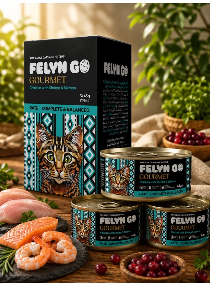Felyn GO Chicken with Shrimp & Salmon Pâté for Adult Cats & Kittens – 3 Pack Wet Cat Food – Premium Complete & Balanced Pâté (45g × 3) - Image 1