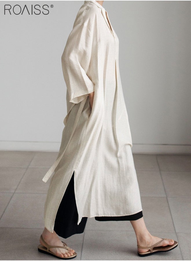 roaiss - Women's Casual Cotton Linen Dress Classic Lapel V-Neckline Loose Long Sleeved Side Slit Fashion Dress - Image 1